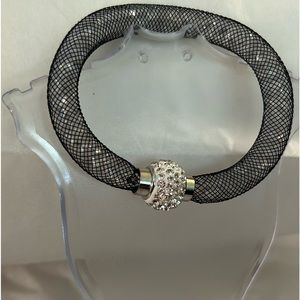 NEW Fashion Silver-Tone Faux Crystal Ball Magnetic Closure Black Mesh Bracelet